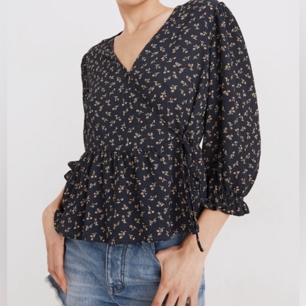 Madewell Puff-Sleeve Peplum Wrap Top in Spring Fling XL